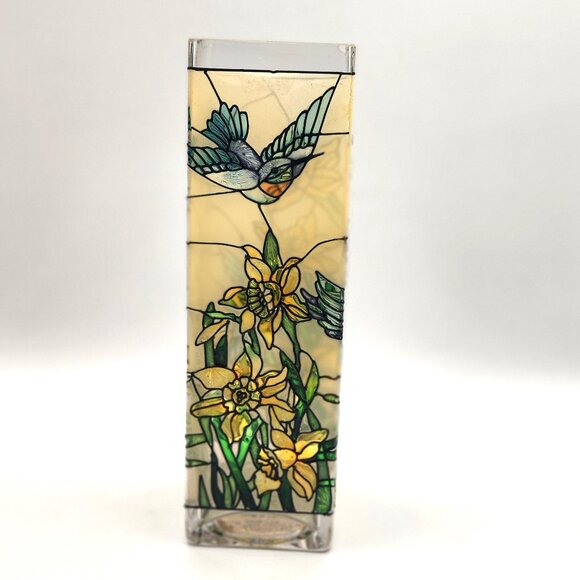Joan Baker Hand Painted Glass Vase  ~Bless You  ~Hummingbirds and Daffodils 10" - Picture 3 of 7